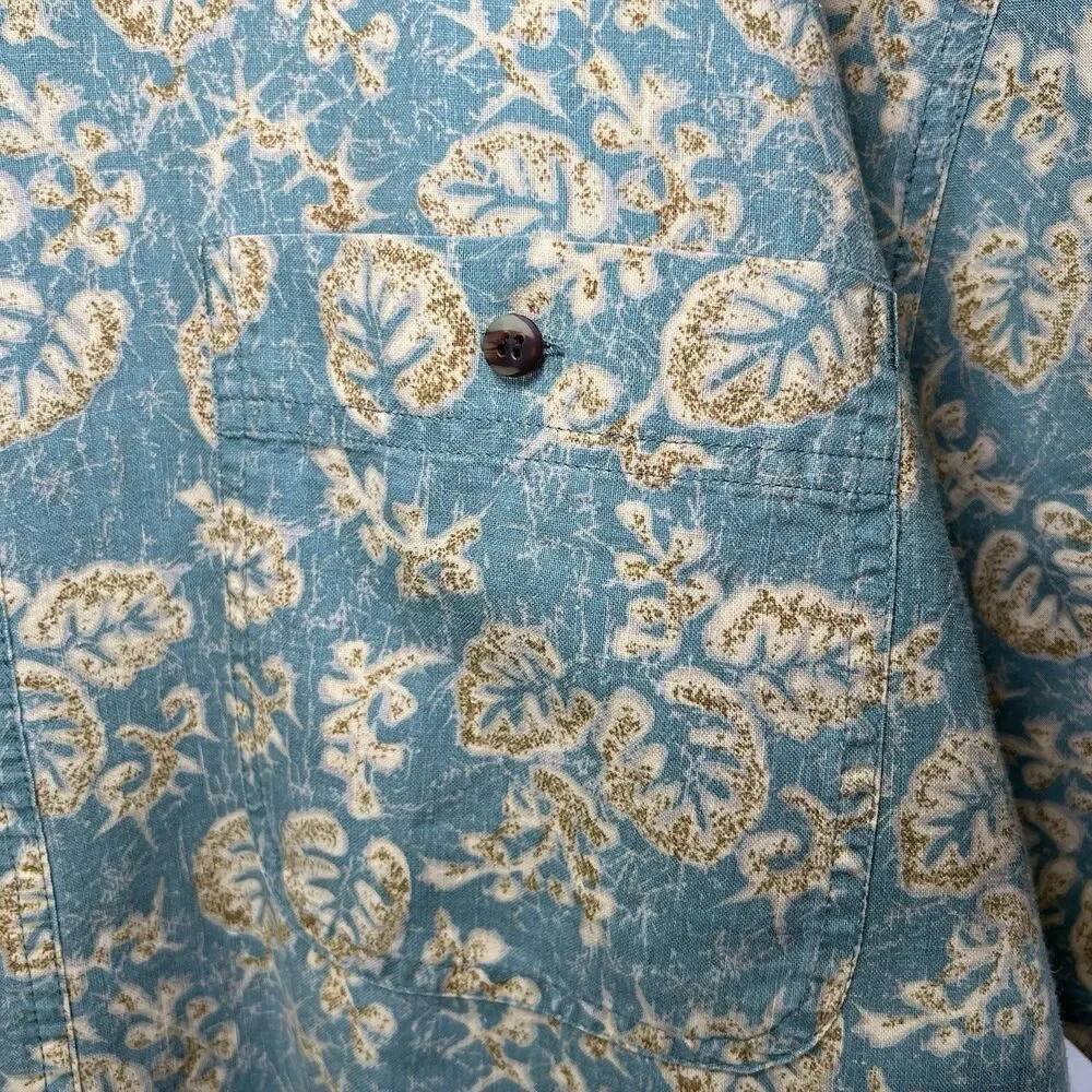Vintage Bugle Boy Short Sleeve Button Down Shirt Mens XL Blue Beige Floral Ramie